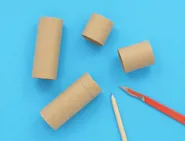 Quatro rolos de papel higiénico cortados em fundo azul com dois lápis ao lado.