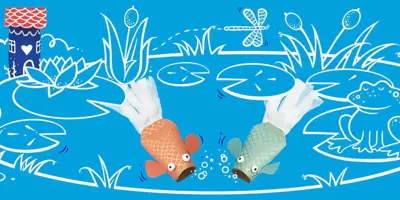 Pez y casas hechas con tubos de cartón colocadas alrededor de un estanque de peces dibujado