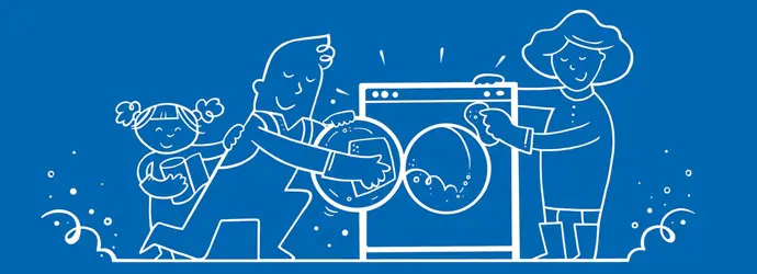 Família ilustrada a limpar a máquina de lavar roupa em conjunto