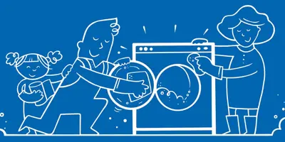 Família ilustrada a limpar a máquina de lavar roupa em conjunto