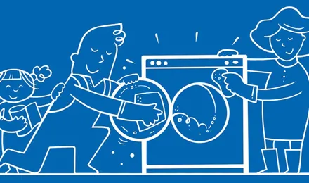 Família ilustrada a limpar a máquina de lavar roupa em conjunto