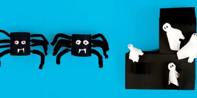 Trabalho manual de halloween em forma de aranha e casa assombrada com fantasmas feitos de caixas de lenços recicladas