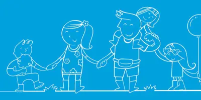 Família ilustrada num festival a segurarem as mãos uns dos outros com um balão e algodão doce