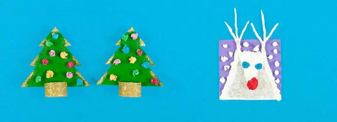 Cartões de natal diy feitos de cartão, papel de seda e glitter, em forma de árvores de natal e rena branca