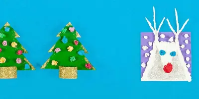Cartões de natal diy feitos de cartão, papel de seda e glitter, em forma de árvores de natal e rena branca