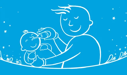 Um pai ilustrado a segurar um bebé e a assoar o nariz do bebé com uma seringa de borracha