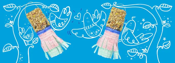 Comederos de aves DIY con semillas y papel decorativo pintado con ramas y pájaros