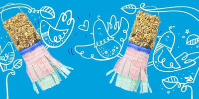 Comederos de aves DIY con semillas y papel decorativo pintado con ramas y pájaros
