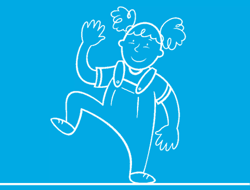 GIF ilustrado de uma criança vestida com jardineiras dança ao som de uma música representada por notas musicais no ar.