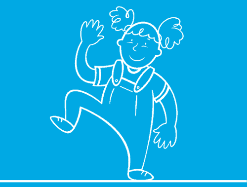 GIF ilustrado de uma criança vestida com jardineiras dança ao som de uma música representada por notas musicais no ar.
