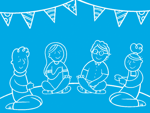 GIF ilustrado com quatro crianças sentadas em círculo sob uma grinalda de bandeiras decorativas, antes de uma delas se levantar para jogar.