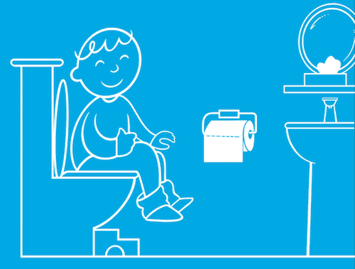 Un GIF de un niño sentado en el inodoro cogiendo papel higiénico de un rollo.