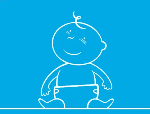 GIF ilustrado de um bebé sentado com uma expressão feliz.