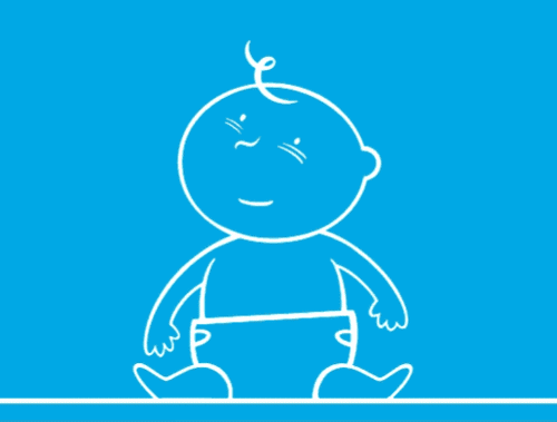 GIF em fundo azul e ilustração a branco de uma mão colocando uma gota de solução salina nas narinas de um bebé de fralda.
