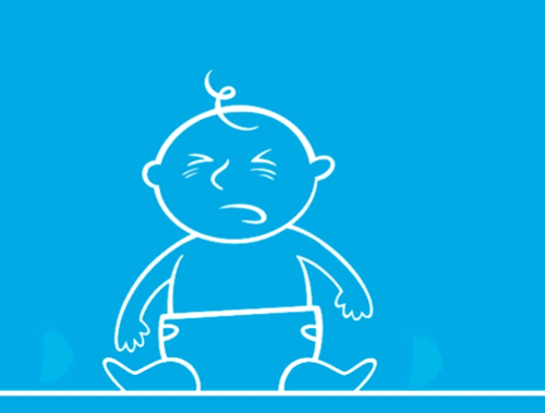 GIF ilustrado de um bebé ligeiramente agitado sentado entre duas linhas brancas que representam vapor.