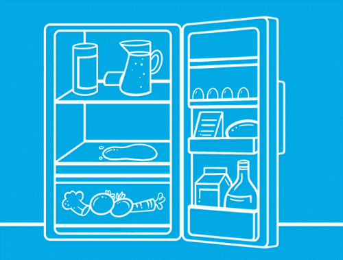 : Ilustração animada de mão desenhada em linha branca sobre fundo azul a limpar restos de comida de um frigorifico com detergente.