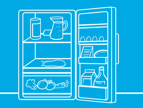 : Ilustração animada de mão desenhada em linha branca sobre fundo azul a limpar restos de comida de um frigorifico com detergente.