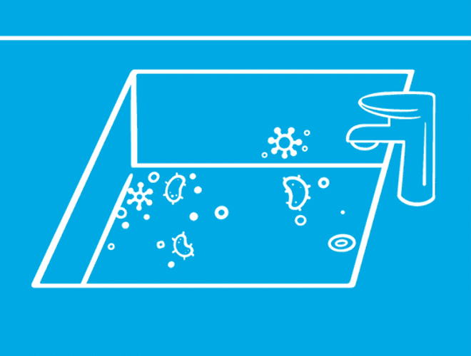 Ilustração animada de mãos desenhadas em linha branca sobre fundo azul a limpar bactérias de um lava-loiças com detergente.