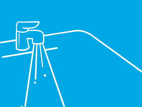 Ilustração animada em desenho de linhas brancas em fundo azul a mostrar como lavar as mãos, com tempo cronometrado para cada passo.